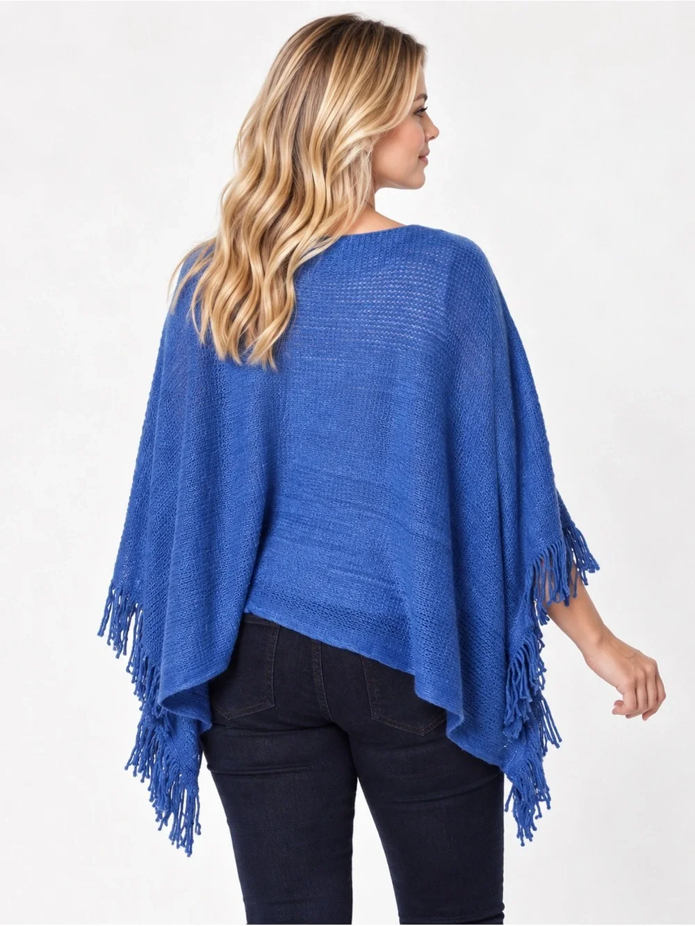 Blue Gray Stripe Knit Poncho Fringe Faux Pearl One Size Acrylic